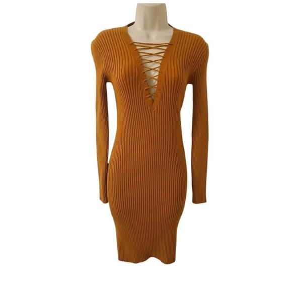 Women's Long-Sleeve Ribbed Bodycon Lattice Neck Dress Brown-Medium-NWT - Picture 1 of 6